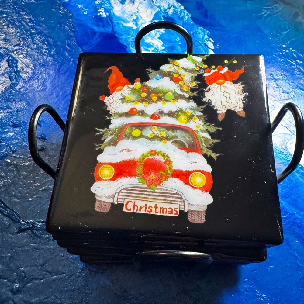 6 HOLIDAY COASTERS Black acrylic with design and resin shine. Holder included